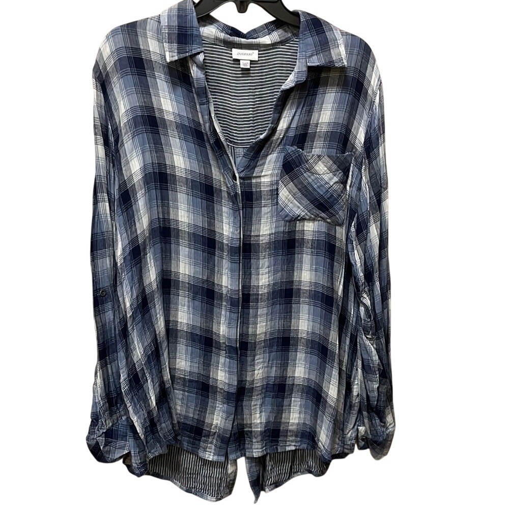 Avenue Womens Blue White Plaid Button Down Roll Tab Sleeve Shirt Plus Size 18/20